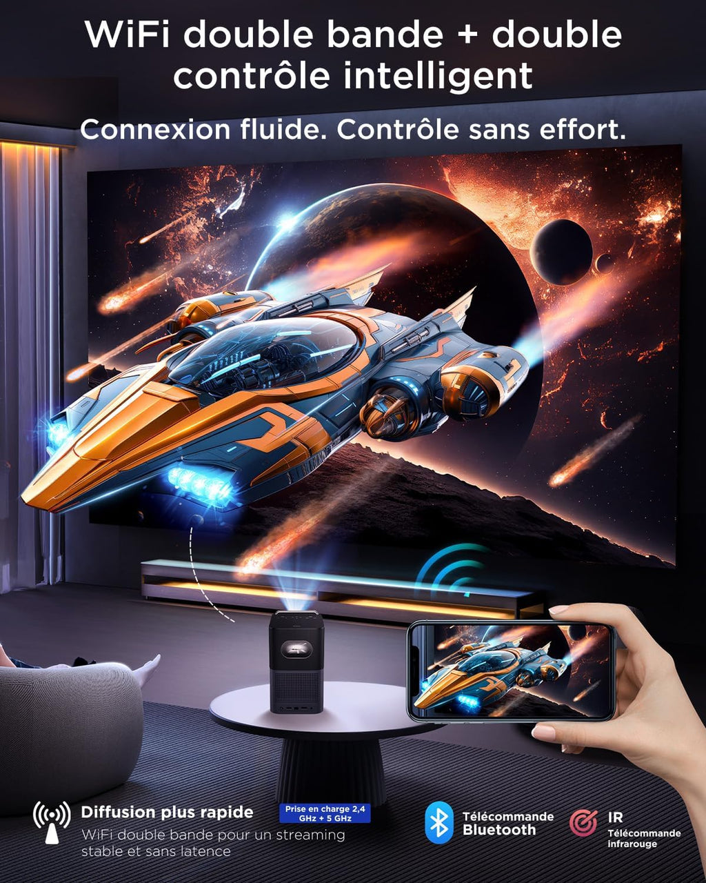 TCL A1s Vidéoprojecteur 4K Supporté, Projecteur Home Cinéma Natif 1080P, 600 ISO Lumens, Smart Google TV Intégrée, Auto Focus & Keystone, WiFi 5G, Bluetooth 5.1