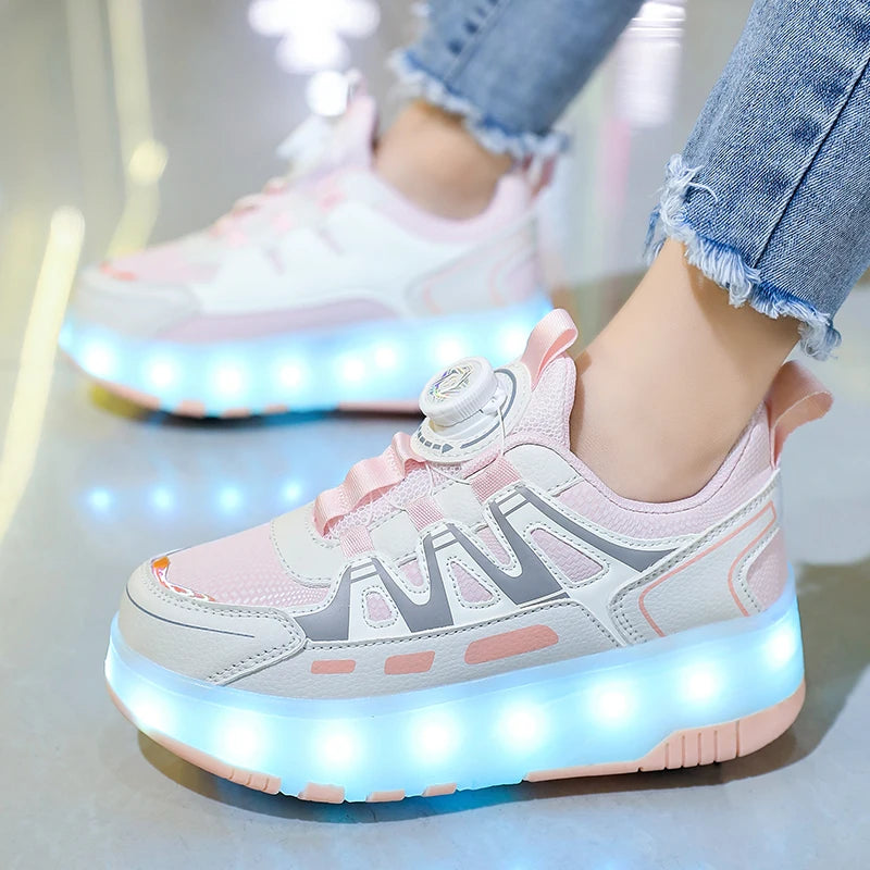 Enfants quatre roues lumineux baskets lumineuses noir rose lumière LED patins à roulettes chaussures enfants chaussures LED garçons filles USB charge