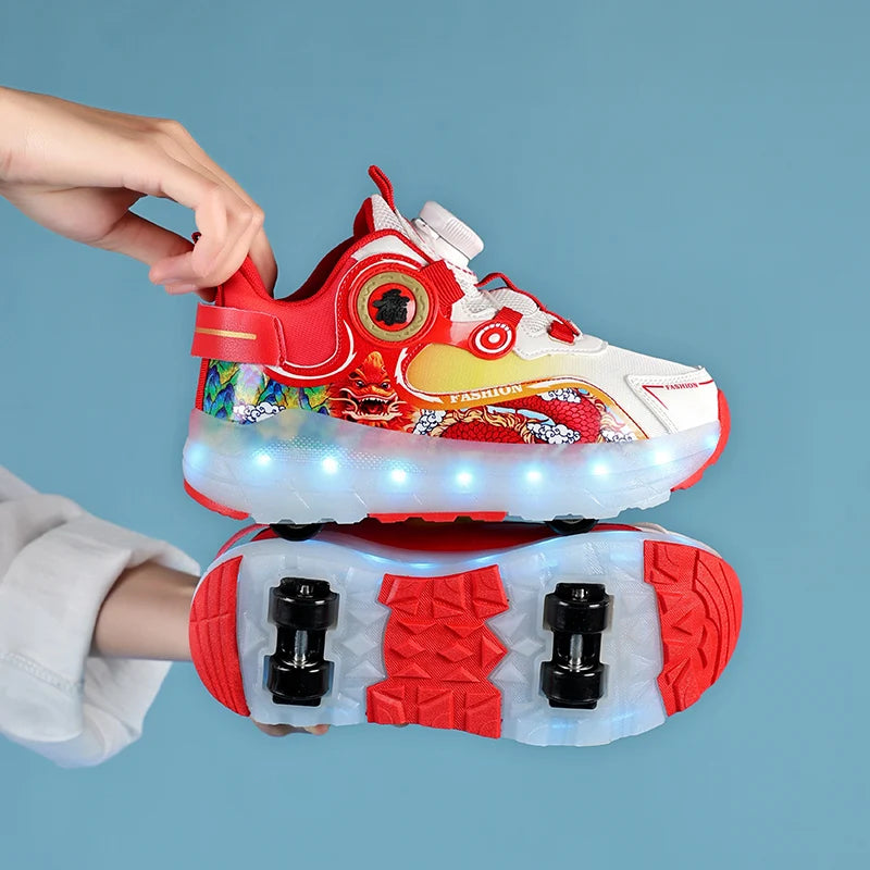 Enfants quatre roues lumineux baskets lumineuses noir rose lumière LED patins à roulettes chaussures enfants chaussures LED garçons filles USB charge