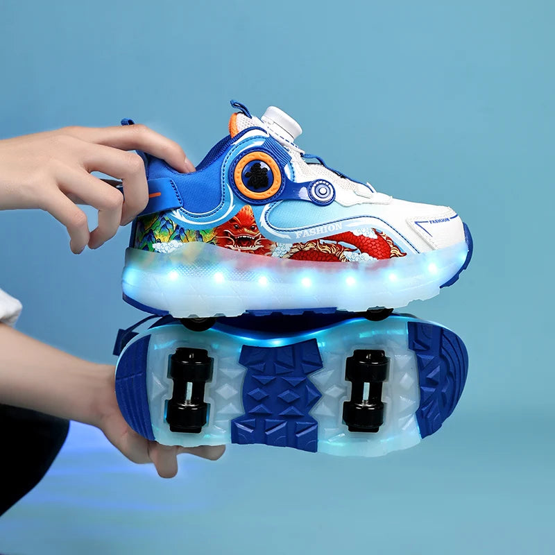 Enfants quatre roues lumineux baskets lumineuses noir rose lumière LED patins à roulettes chaussures enfants chaussures LED garçons filles USB charge
