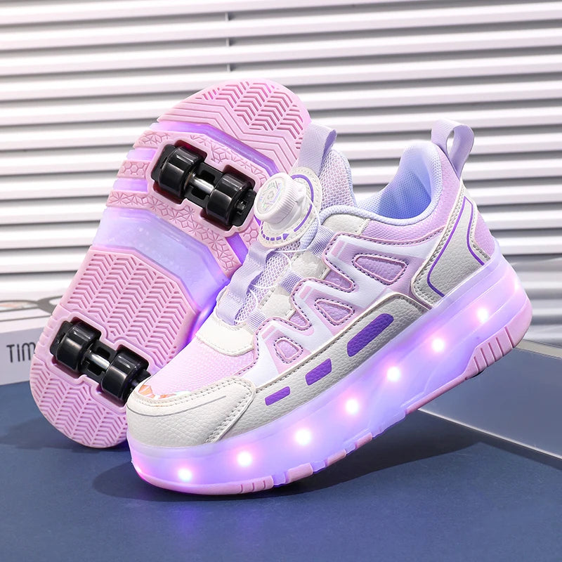 Enfants quatre roues lumineux baskets lumineuses noir rose lumière LED patins à roulettes chaussures enfants chaussures LED garçons filles USB charge