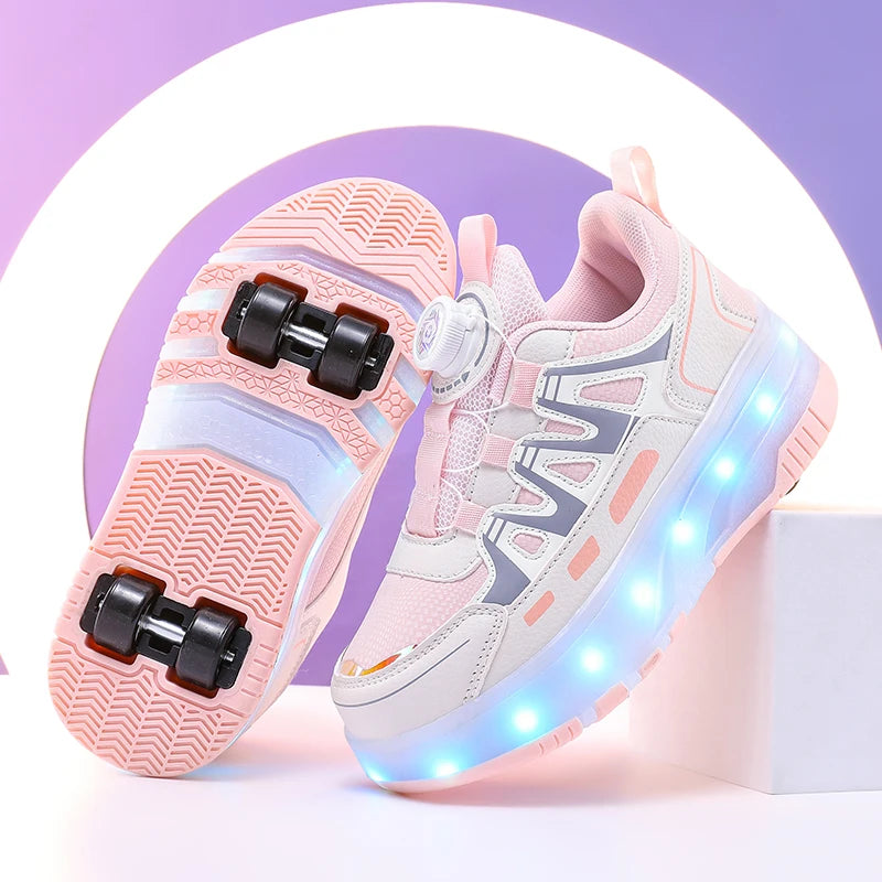 Enfants quatre roues lumineux baskets lumineuses noir rose lumière LED patins à roulettes chaussures enfants chaussures LED garçons filles USB charge