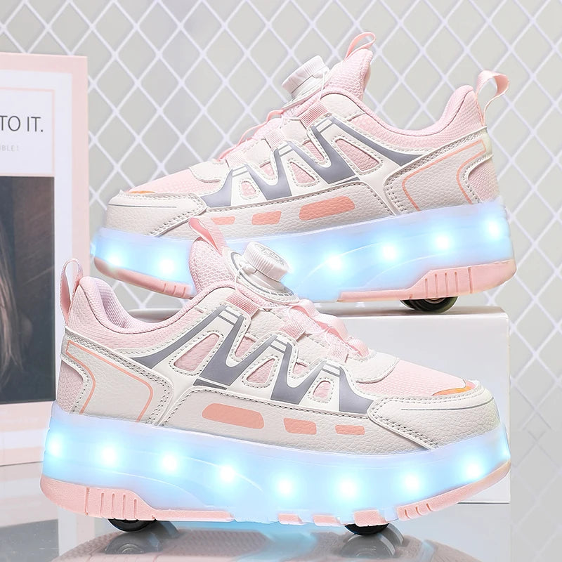 Enfants quatre roues lumineux baskets lumineuses noir rose lumière LED patins à roulettes chaussures enfants chaussures LED garçons filles USB charge